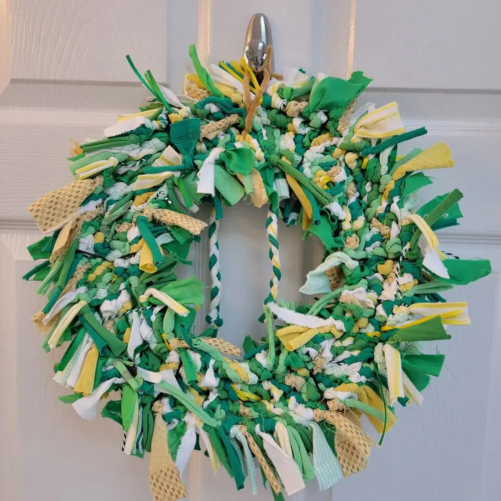 Handcrafted Upcycled Small Spring Fabric Wreath Green, Yellow, White, 14